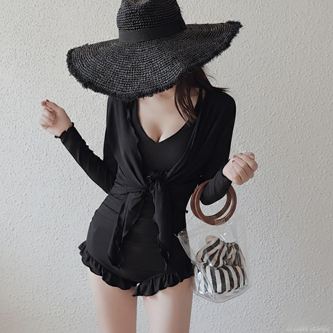 UPPERCUT 여성 프릴 원피스 수영복 가디건 세트 셔링 모노키니 체형보정 뱃살커버 빅사이즈 임산부 가능, 블랙