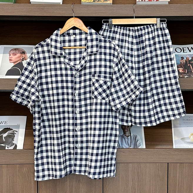 엘라운지 커플용 코튼 체크 카라 파마자 세트