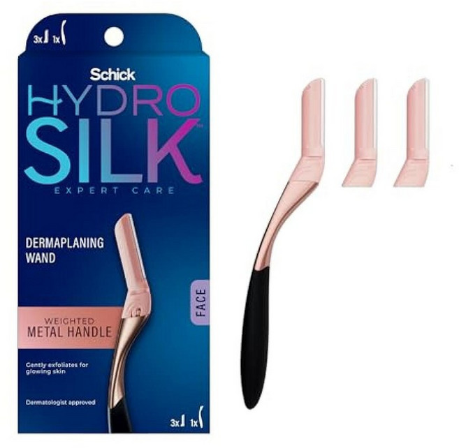 Schick Hydro Silk Dermaplaning 완드 얼굴용 더마플래닝 도구 | 여성용 더마플레인 면도기 눈썹 복숭아 퍼지 리무버 리필 블레이드 3개가 있는 가중, Dermaplaing Razor +3 리필