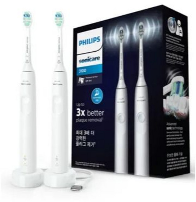 필립스 소닉케어 3100 시리즈 더블 핸들 음파 전동칫솔, HX3675/23, 흰색, 1개