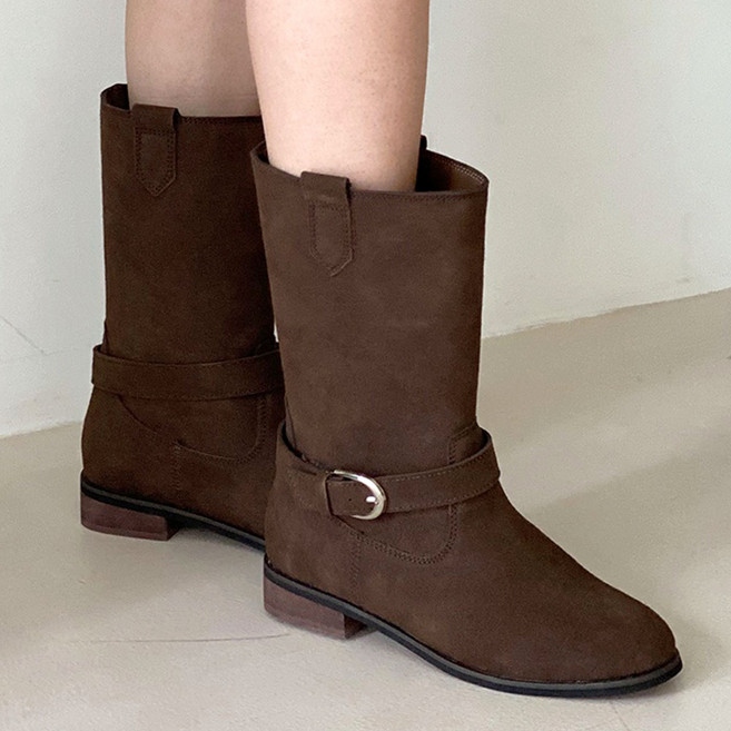 꼼지락 스웨이드 버클 바이커 웨스턴 하프 미들 부츠