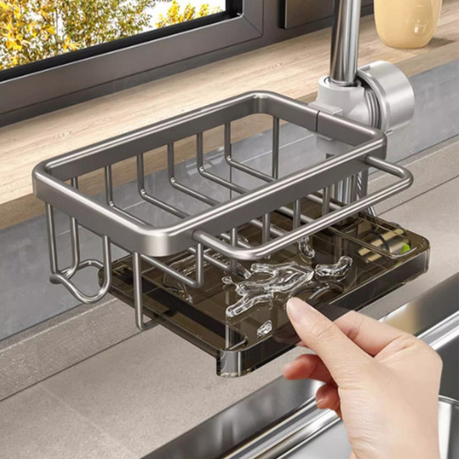 클로버 테크 다용도 알루미늄 수도꼭지 수세미 받침 선반, 1개, 그레이