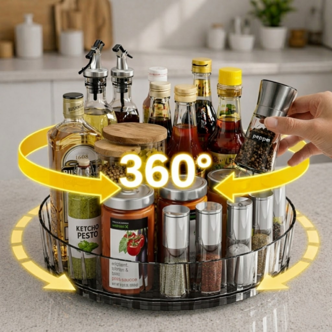 이스쳐 효율적인 수납 360도 회전 트레이, 1개, 클리어