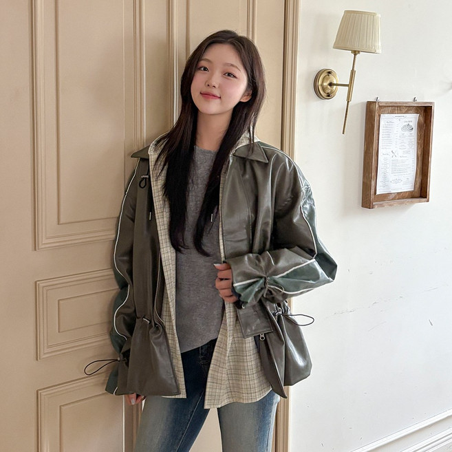 [빅사이즈 55-140] 남녀공용 배색 레더 사파리 점퍼 여성 빅사이즈 여자 플러스사이즈 어거스트플랜