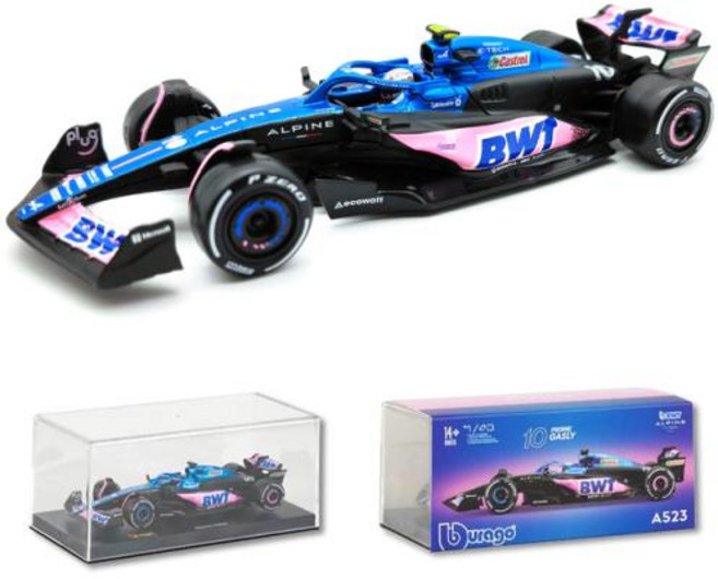 자동차다이캐스트 자동차모형 Bburago 143 BWT 알파인 2023 A523 F1 포뮬러 카 다이 캐스트 차량 소장용 모델 레이싱 장난감 릴 박스, 1) Alpine A523 10 jing, 1개
