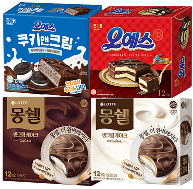 과자모음 해태 크라운 롯데 오리온 대용량곽과자 4개묶음 (해태오예스360g + 해태오예스쿠키앤크림360g + 몽쉘카카오생크림케이크(대)384g + 몽쉘오리지널생크림(대)384g), 과자4종, 1세트