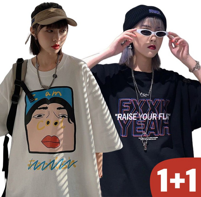 150kg까지 빅사이즈 1+1 여성 bf 프린트 하라주쿠 바람 반팔 티셔츠 여름 편한 루즈핏 패션 캐릭터 영문 박스티 미디 날씬해보이는 캐주얼 오버핏 디자인 데일리 인스 학생복 티