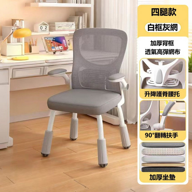 E家工廠 兒童成長學習椅，人體工學電腦椅，可調節書桌椅，護脊椎學生椅, 486-HB學習椅（白框灰網）