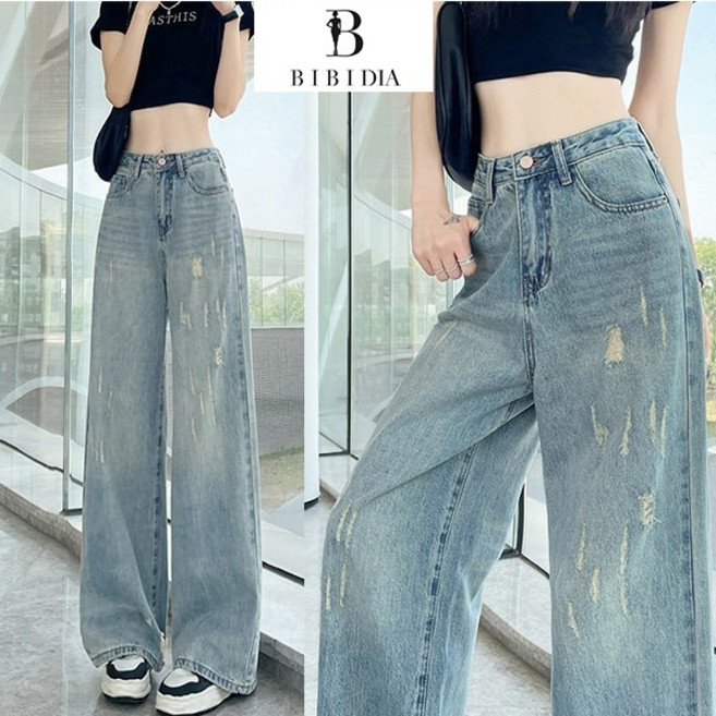 비비디아 여성 하이웨이스트 디스트로이드 와이드 데님 팬츠 캐주얼 빈티지 롱 청바지 5519