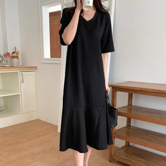빅사이즈 체형커버 사선절개 훌라인 브이넥 반팔 여름 롱 원피스 데일리룩 ~5XL 자체제작 5680