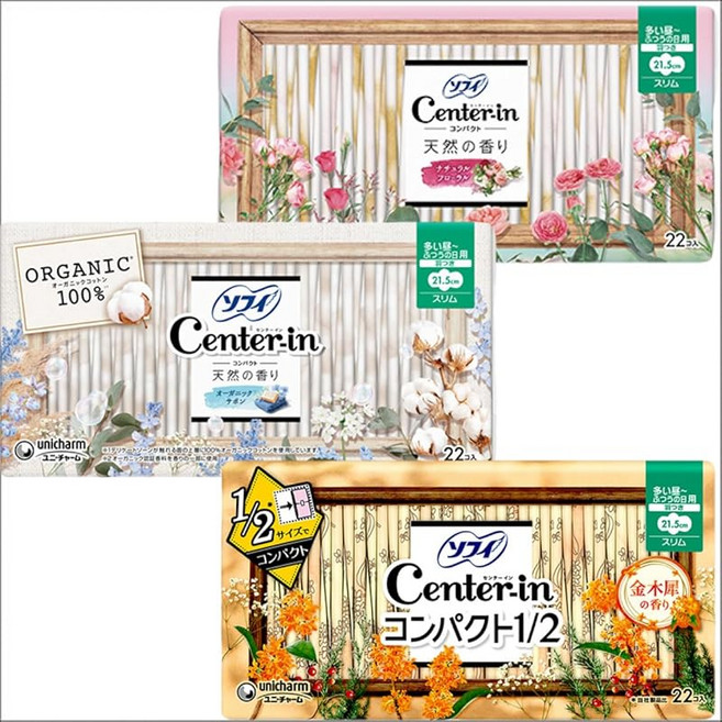 묶음 구매 총 66매 소피 센터 인 컴팩트 1/2 오가닉 사본 다량 낮용 냅킨 금목서 키노모쿠세이 생리용품 낮용 21.5cm(22매 포함) 릴랙스 플로럴 천연 향 3종 3가지 종류