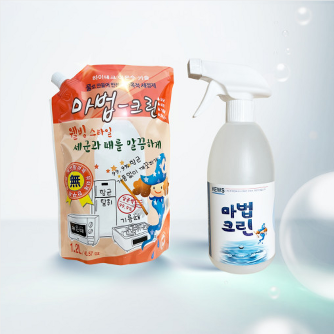[KEWS] 거품없는 친환경 살균 세척제 마법크린 본품 500ml +리필 1.2L, 1개