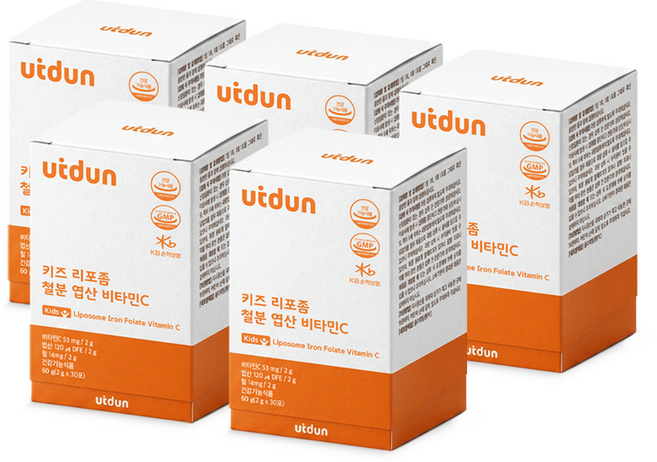 UTDUN 키즈 리포좀 철분 엽산 비타민C 두돌 아기 유아 어린이 초등학생 중학생 철분제 영양제, 5박스, 30회분