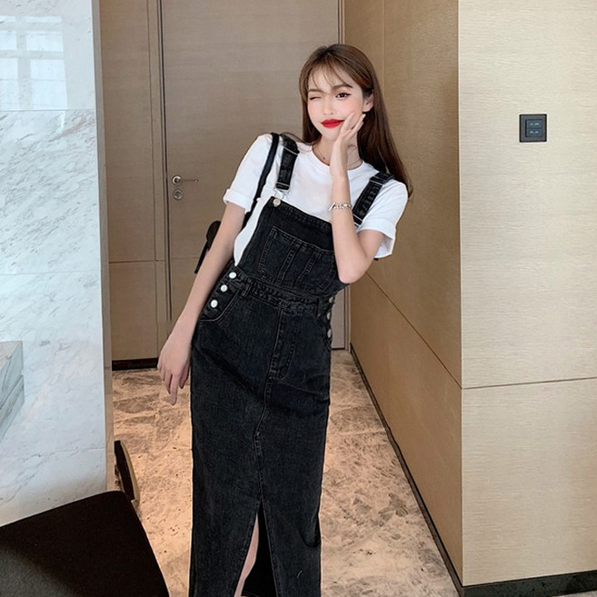 데님 멜빵 롱 치마 트임 스커트 여성 꾸안꾸룩 슬림핏