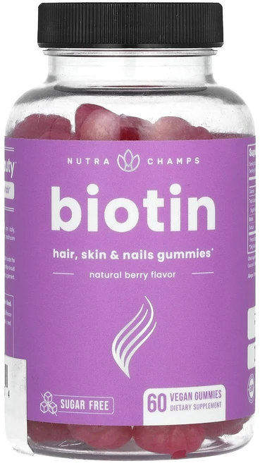 NutraChamps 비오틴 모발 피부 및 손톱 구미젤리 설탕 무함유 천연 베리 10000mcg 비건 구미젤리 60개(구미젤리 1개당 5000mcg), NutraChamps비오틴모발피부및손톱구미젤리설탕무함유, 1개, 60정 - 쿠팡