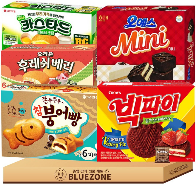 파이 스낵 과자 B세트 참붕어빵174g 롯데카스타드138g 빅파이216g 후레쉬베리168g 오예스미니192g 몽실22g, 1세트, 혼합