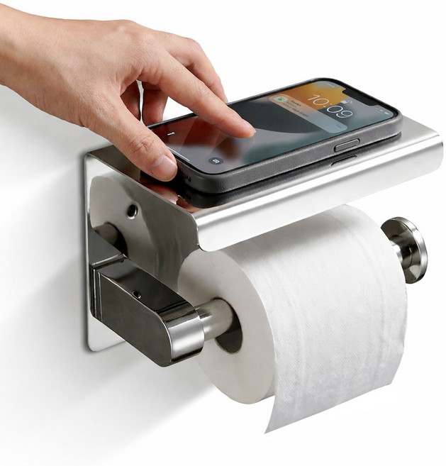뉴하 스텐 핸드폰거치 무타공 두루마리 욕실 화장실 휴지걸이 선반, 1개, 실버