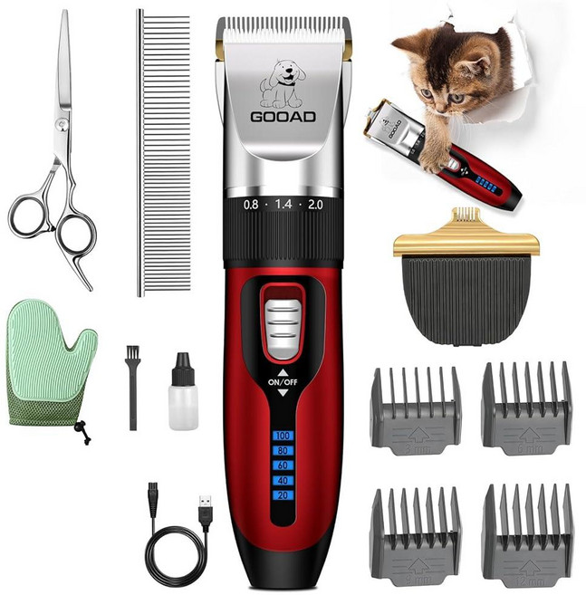 [2] Gooad 고양이 클리퍼 전문 그루밍 키트 두꺼운 털을 위한 무선 클리퍼 헤어 트리머 저소음 면도기 조용한 반려동물 도구 고양이 개 (블루) 1.0개, 레드, 1개