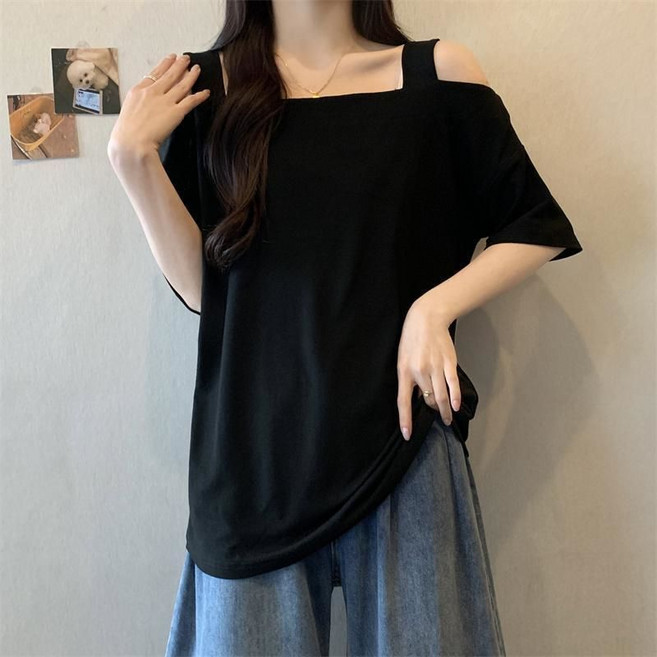 短袖白色T恤女 夏新款INS小個子設計感 斜領露肩性感上衣 韓版簡約純色斜領T恤 大碼寬鬆短袖女裝