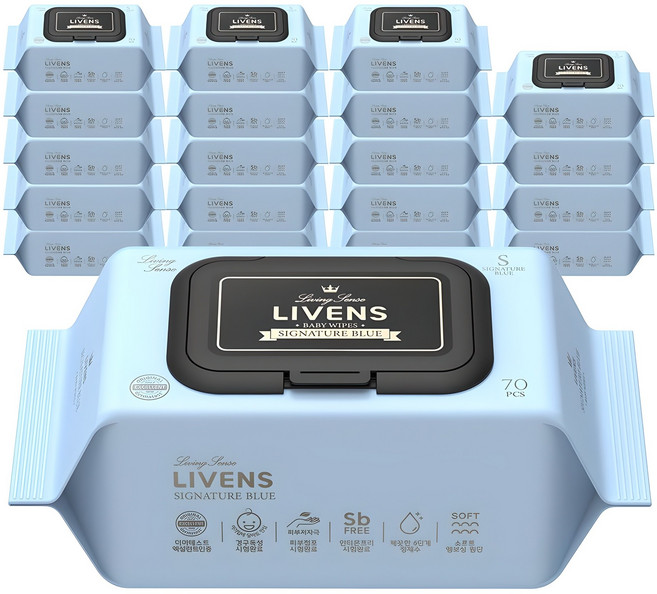 리벤스 유아용 시그니처 블루 도톰한 엠보싱 물티슈 캡형, 75g, 70매, 20개