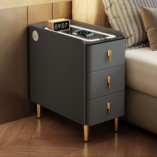 JWJJ 小型實木智慧床頭櫃, 深灰色三色燈無線充USB 30*40*60cm, 1個