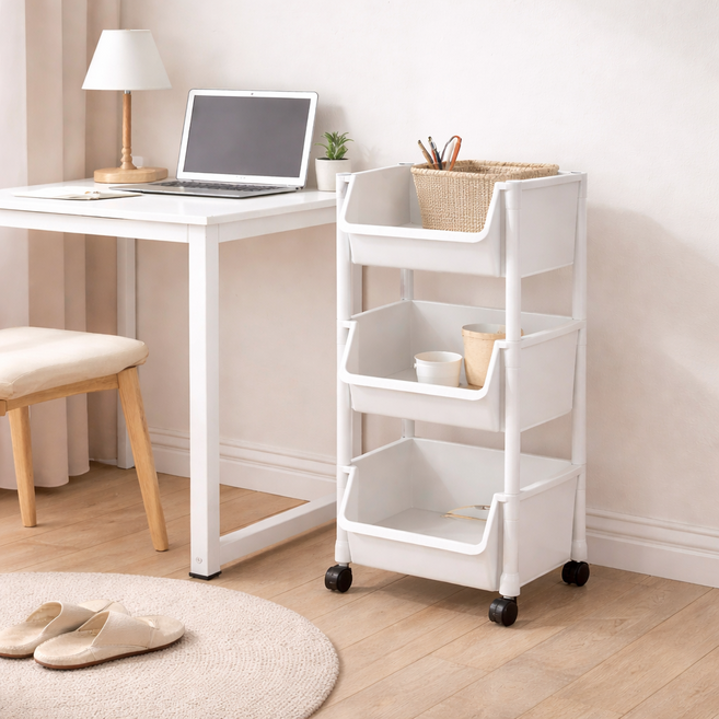 바네크 이동식 트롤리 정리 선반, 화이트, 3단