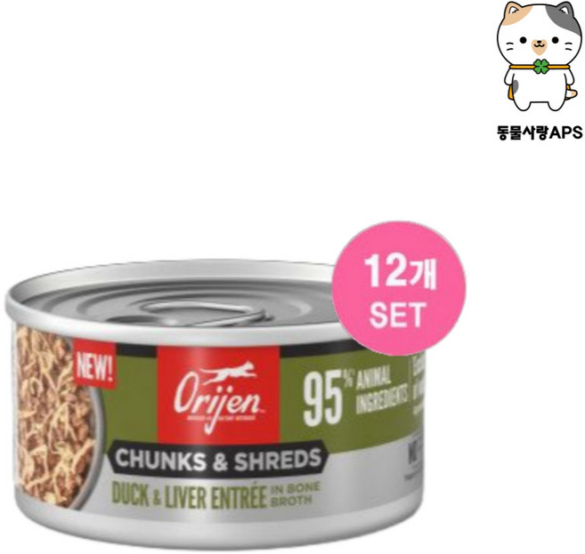 오리젠 덕&리버 청크 슈레드 고양이주식캔, 12개, 155g, 오리