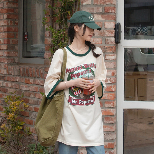 데일리앤 피넛 여성 배색 프린팅 오버핏 롱 링거티셔츠 봄 여름 레깅스티 빅사이즈