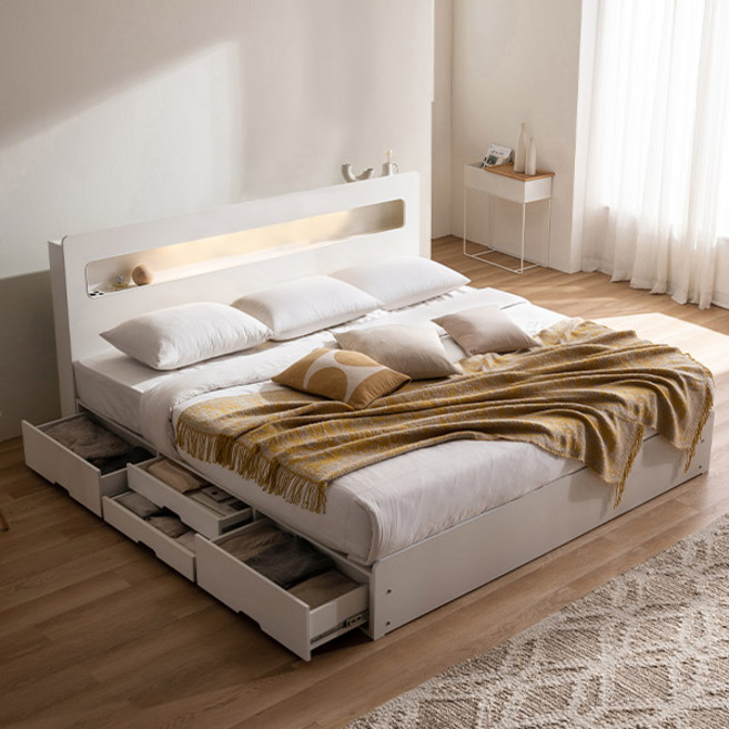 삼익가구 레이즈 LED 4단 수납 라지킹 침대, 화이트_매트리스제외