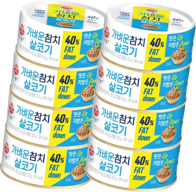 코스트코 다이어트 기름을 한번 더 빼 기름뺀 저지방 저칼로리 고단백 오뚜기 가벼운참치 살코기 참치캔, 135g, 8개