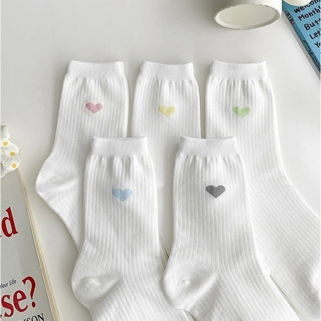 하트 포인트 골지 중목 양말 여성용 5P 세트 봄 여름 학생 성인 국산
