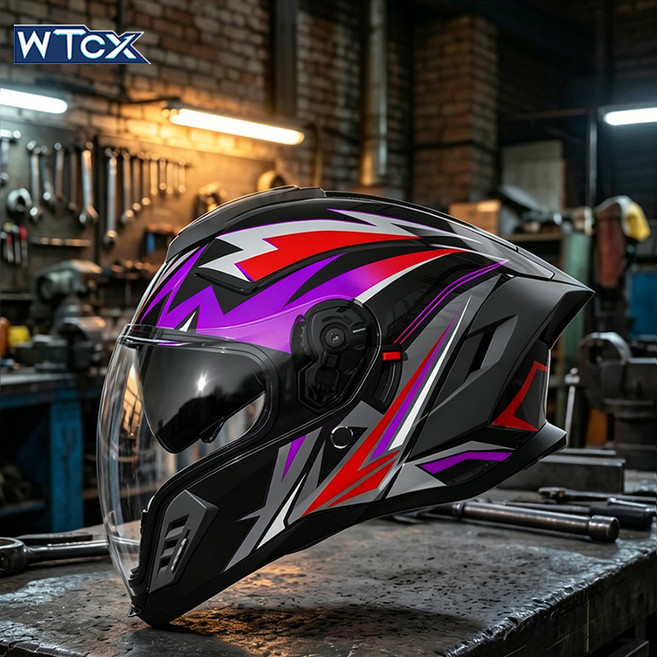 WTCX 摩托車頭盔 四季通用 雙鏡 全罩式, 極光黑紫