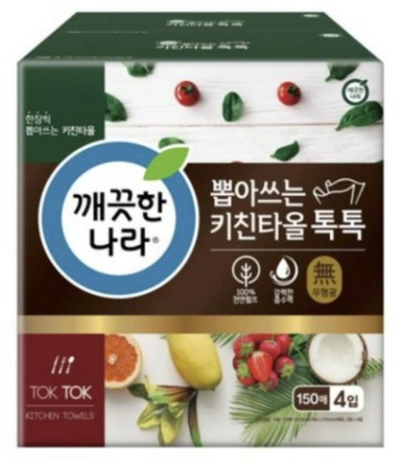 깨끗한나라 톡톡 천연펄프 키친타올 150매, 4개, 2개입