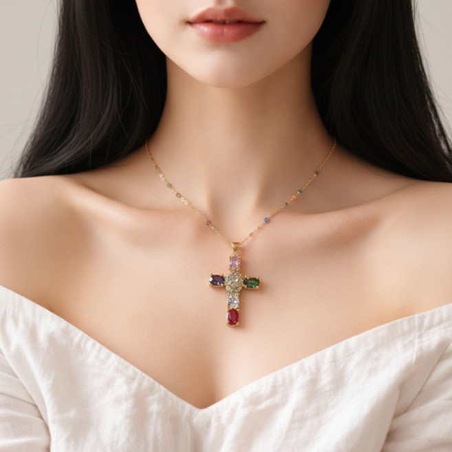 여성 파티 축제 공연 컬러 큐빅 십자가 펜던트 목걸이 A2772
