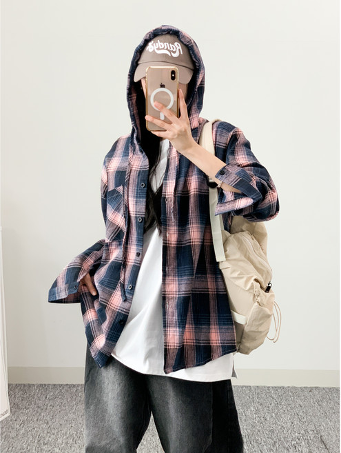 모모무드 여성 오버핏 후드 체크 남방