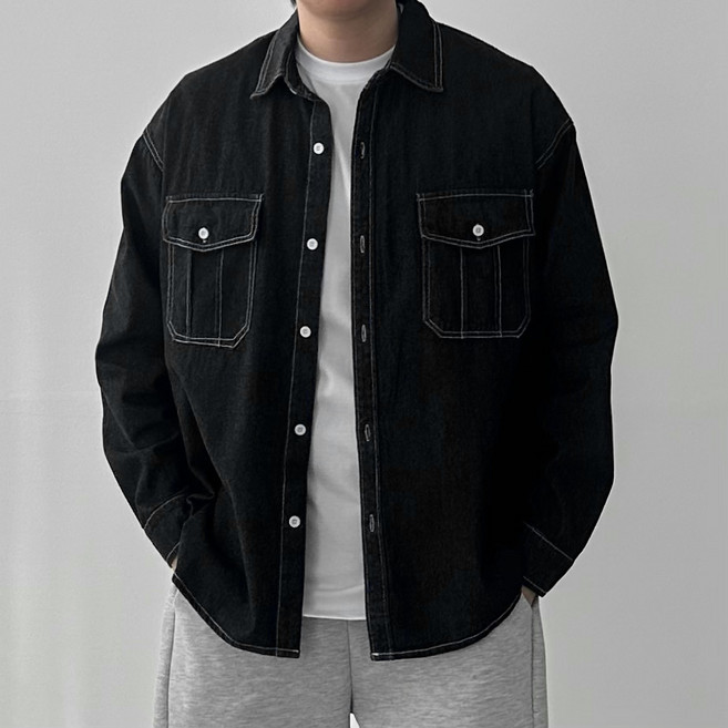 다이나믹피플 남자 오버핏 스티치 데님셔츠 루즈핏 워싱 청남방