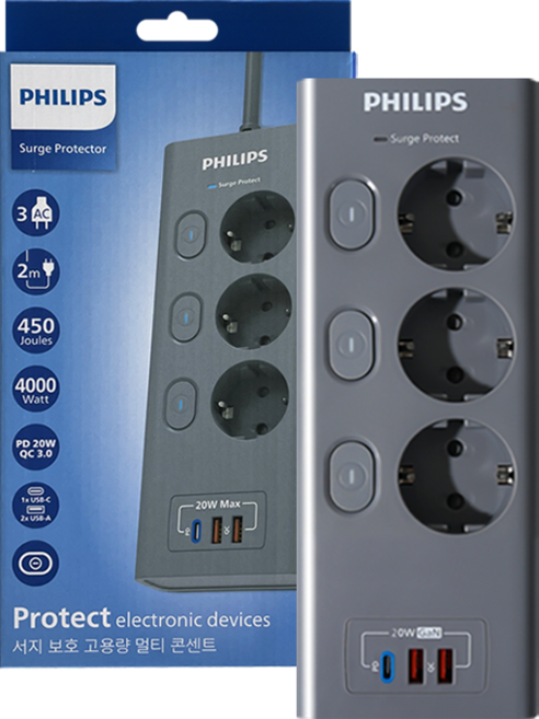 필립스 멀티탭 맥스USB 서지보호 고용량 개별스위치 고속충전, 1개, 그레이 CHP6732GA, 2m