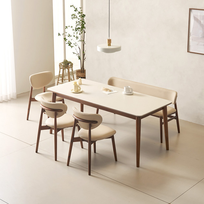 데코라인 마드리 6인용 포세린 세라믹 원목 식탁 세트 1800 의자3+벤치1, 03-식탁+의자3개+벤치1개