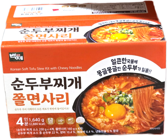 백제 순두부 찌개+쫄면사리, 4개, 410g