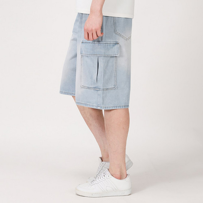 후앙스 와이드 워싱 데님 버뮤다 카고 반바지 NJCP-8708