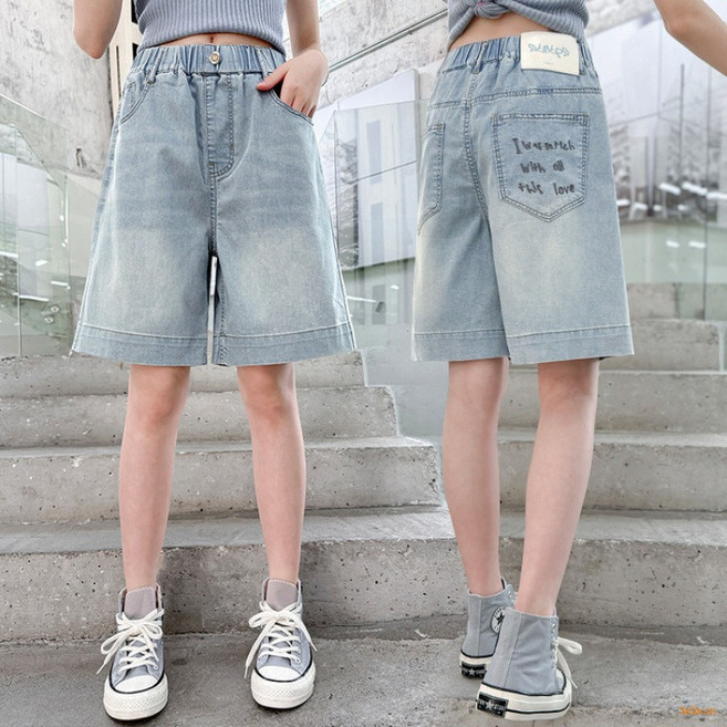 키즈목마 여름 여아 냉감 데님 밴딩허리 5부반바지 주니어 캐주얼 와이드 포켓 영문자 청반바지 666
