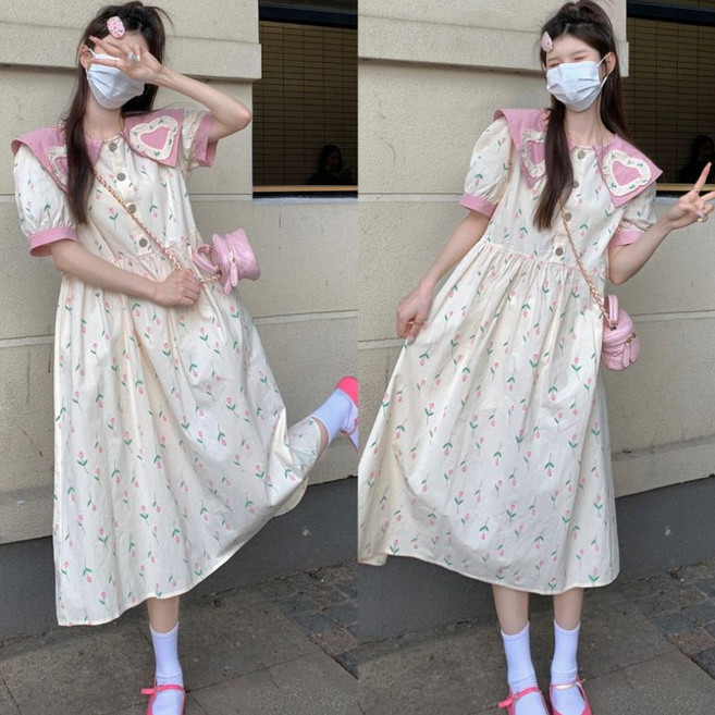 (브랜드 추천) 150kg까지 빅사이즈 여성 숄카라 프렌치 플라워 허리꼬임 플리츠 원피스 여름 편한 반팔 롱 날씬해보이는 모던 이쁜 우아한 매력 버튼 a라인 스커트 데이트룩 원피스