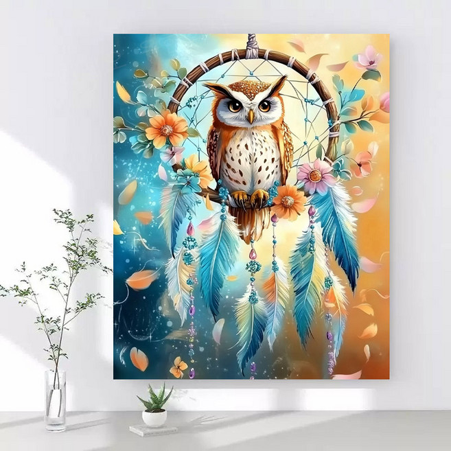 보석십자수 캔버스형 DIY 액자형 40x50cm 3D 대형 다이아몬드페인팅 그림 구슬십자수 행운 거실 인테리어 그림, 1개, 19 드림캐쳐 부엉이