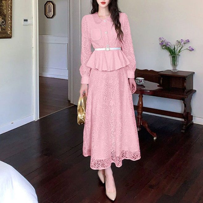 [루씨앤] 데니스 카라여성 슬림 벨트 시스루 스커트 정장 투피스 세트 원피스라인 7219