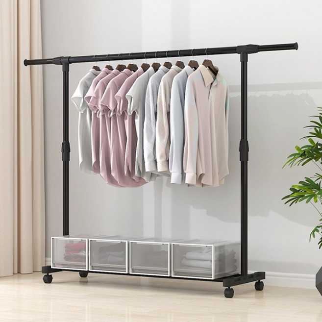 리빙폴리오 싱글 1단 2단 선반 길이조절 원룸 스탠드 튼튼한 이동식 행거