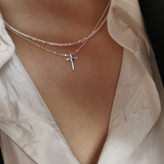 십자가 큐빅 두줄 체인 목걸이 여성 레이어드