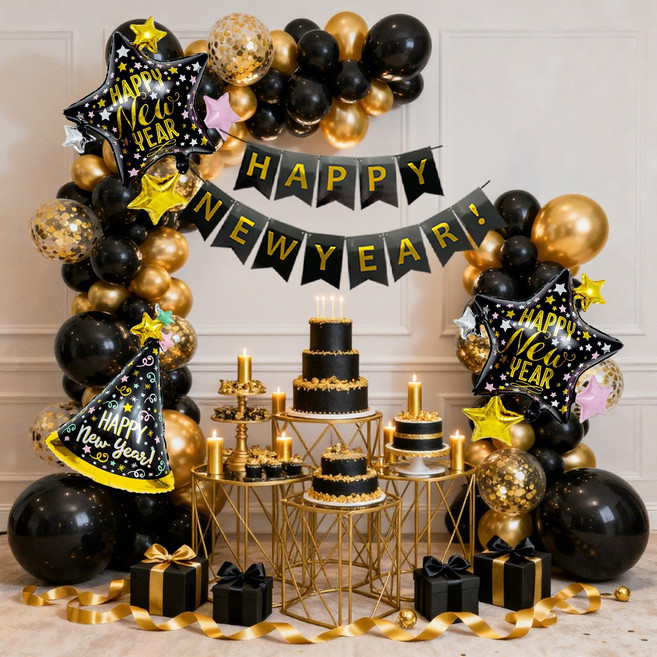 럭셔리 블랙골드 새해 파티 장식 세트 홈파티 분위기 완성 해피뉴이어 가랜드 숫자 풍선, 1개, 골드