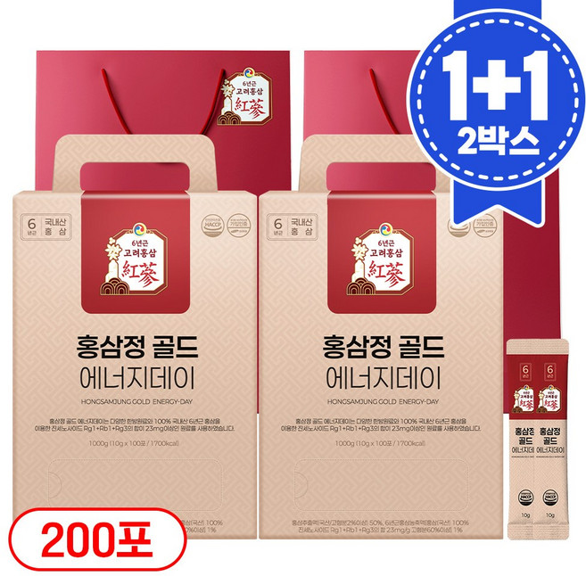 1+1 홍삼정 골드 6년근 프리미엄 100회분 대용량 쇼핑백 선물세트 에너지데이, 2개, 1L
