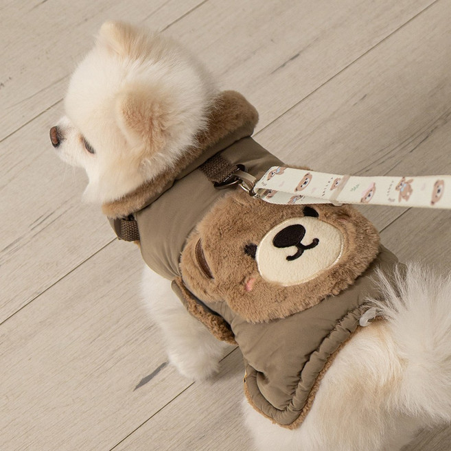 베일리펫 강아지 겨울 패딩 하네스옷 테디 포켓 망토, 1개, 브라운