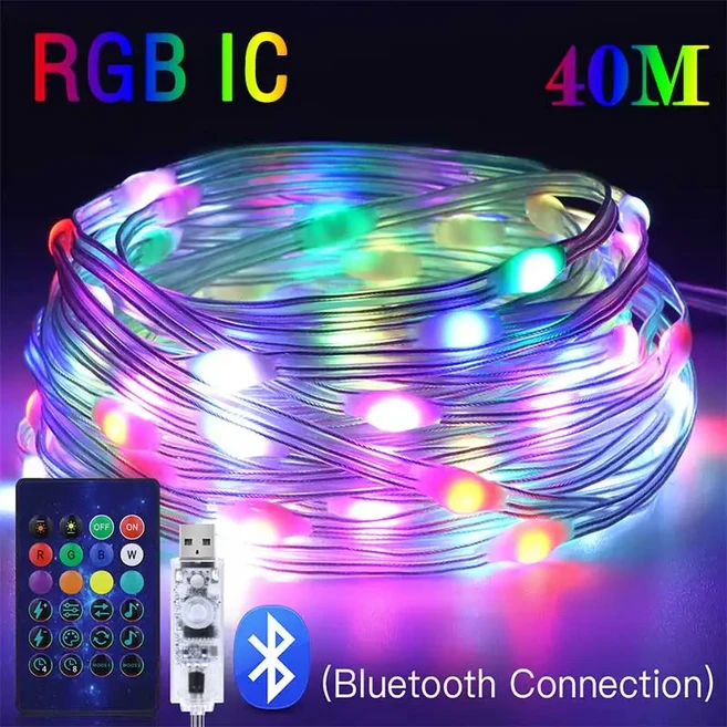 40M Led 문자열 RGB 빛 스마트 야외 꽃줄 파티 가죽 라인 IP65 블루투스 음악 램프 문자열 요정 조명 휴일, [01] RGB IC, [05] 15m, 01 RGBIC_03 15m